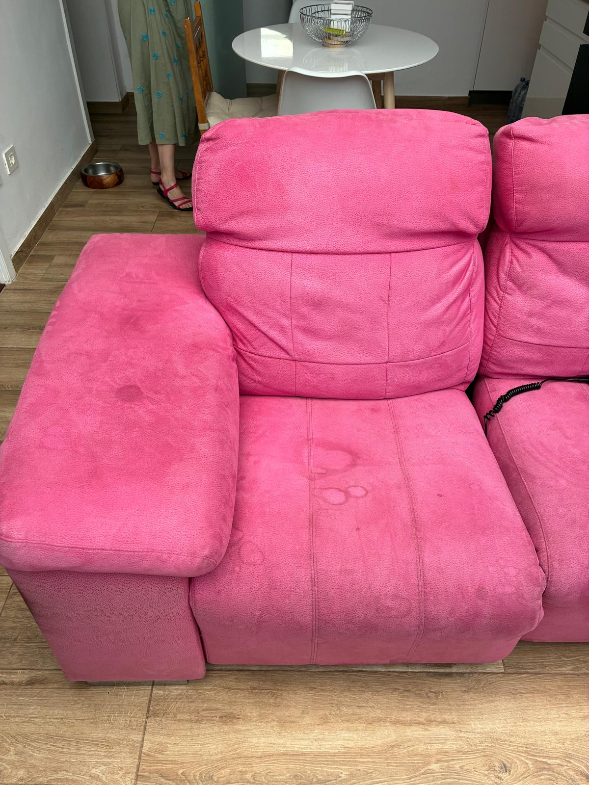 Pink sofa before professional upholstery cleaning by Clean Sur